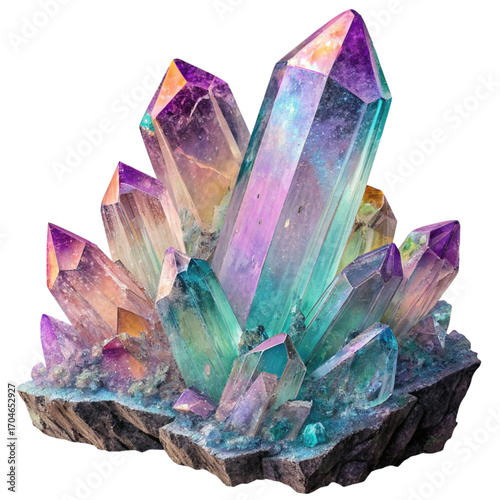 Vibrant, iridescent crystal cluster evokes natural wonder and mystical energy for captivating design projects