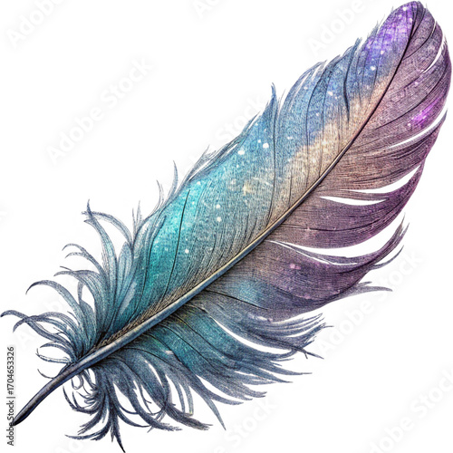 Stunning iridescent feather with cosmic galaxy watercolor texture and delicate details, perfect for ethereal designs