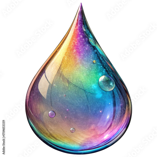 Vibrant rainbow droplet with shimmering bubbles captures essence of purity, creativity, and innovation, perfect for dynamic designs.