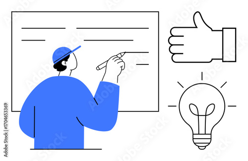 Person writing on whiteboard while lightbulb signifies creativity and thumbs-up symbolizes approval. Ideal for innovation, brainstorming, education, teaching, teamwork, presentation, simple landing