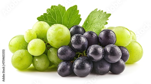 Bunches of Fresh Green and Purple Grapes with Dew Drops on White Background
