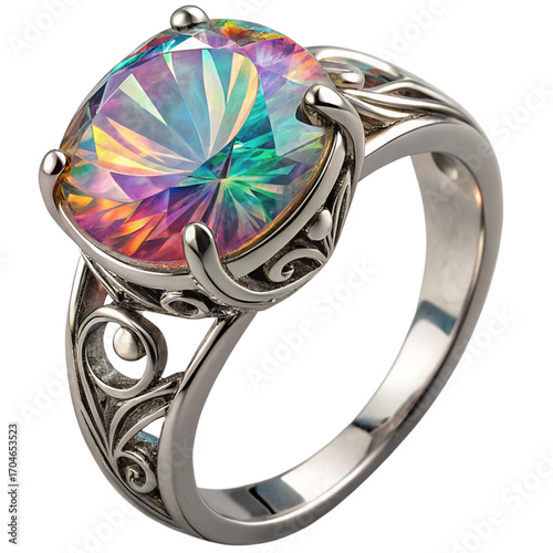 Captivating rainbow gemstone ring with intricate silver band, a stunning statement piece for elegant occasions and cherished gifts.