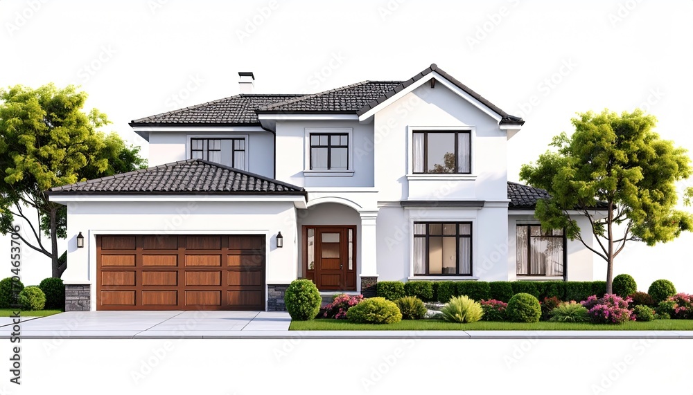 Obraz premium Modern two-story house with dark gray roof, light facade, and landscaping