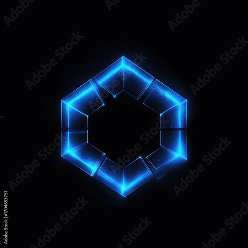 Glowing blue hexagonal-shaped digital light structure on black background emitting soft neon light and sparks