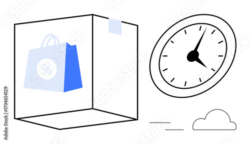 Cube-shaped parcel with shopping bag and discount icon, analog clock suggesting speed, minimal cloud. Ideal for e-commerce, fast delivery, efficiency, logistics, shopping, retail modern business