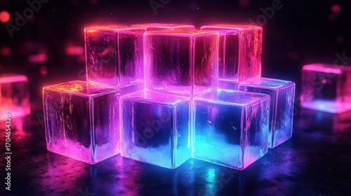 Stack of glowing translucent cubes emitting vibrant purple, pink, red, and blue light on reflective surface with a dark blurry background