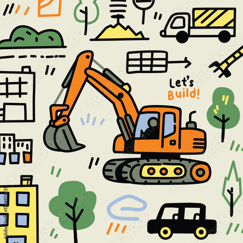 Cartoon Construction Vehicles and City Icons Doodle Style 