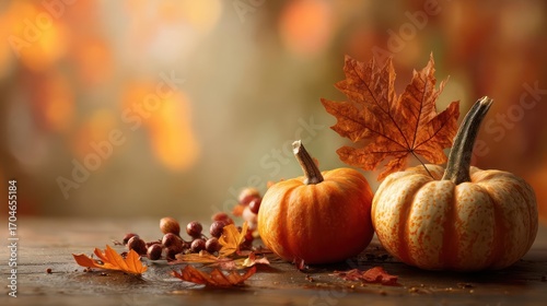 Two small decorative pumpkins and colorful autumn leaves arranged on a rustic wooden surface with a soft bokeh background
