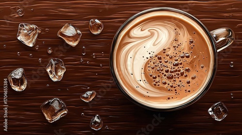 Top - down View of Iced Coffee in a Glass Mug on a Wooden Surface with Ice Cubes