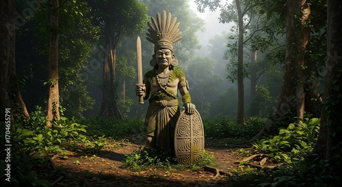 Ancient stone warrior statue in a lush, misty rainforest, holding a sword and shield.