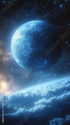 Blue spherical planet hovering above a cloud-covered celestial body in a star-filled outer space environment with glowing light effects