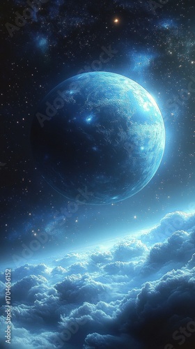 Blue glowing planet floating above thick luminous clouds in a star-filled galaxy, evoking a serene and mysterious cosmic atmosphere