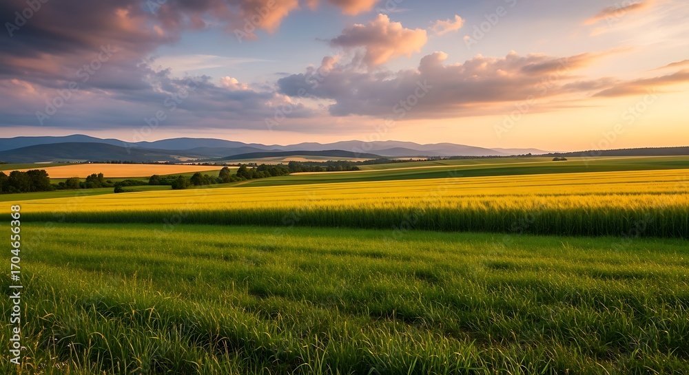 Fototapeta premium Golden Sunset Over a Lush Field.