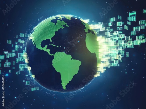 Digital globe of Earth with glowing green continents and streaming data blocks representing global data flow and digital technology connectivity in space