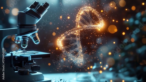 Close-up of a laboratory microscope with a glowing, digital-like double helix DNA strand floating beside it in a dark scientific environment