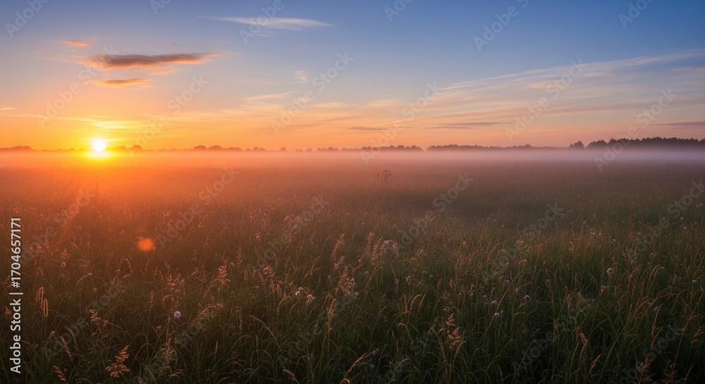 Fototapeta premium Golden sunrise over a misty meadow, serene and peaceful nature landscape.