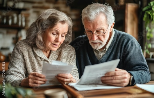 Thoughtful elderly couple sitting at a wooden table indoors closely examining paperwork together with concern and focus