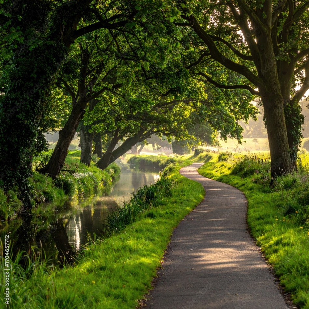 Naklejka premium A winding path beside a canal, shaded by trees