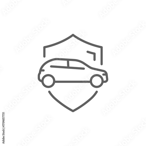 Shield and car icon. Simple outline style. Safety, protect, safe, secure, vehicle, auto, transport, insurance concept. Thin line symbol. Isolated design editable stroke.