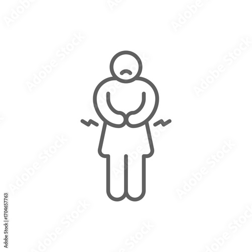 Hungry woman icon. Simple outline style. Poor woman, hunger, stomach, pain, holding, person, abdominal, adult, constipation, sad people concept. Thin line symbol. Isolated design editable stroke.