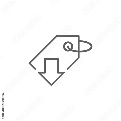 Price reduced icon. Simple outline style. Price tag with down arrow, low, cheap, cost, discount, reduction, promo, clearance, business concept. Thin line symbol. Isolated design editable stroke.