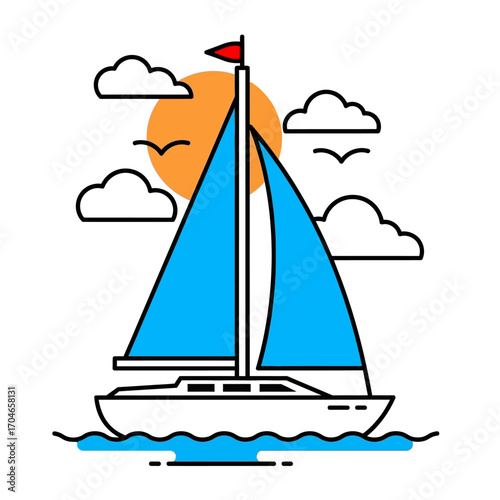 Minimalist line art illustration of a sailboat cruising on the sea waves under a summer sun. Nautical travel and vacation vector icon