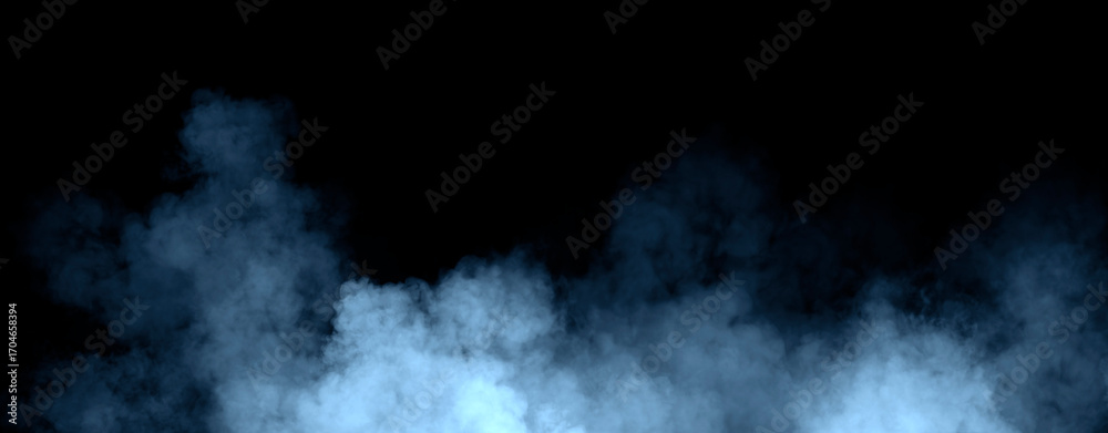 Fototapeta premium Panoramic view fire blue smoke, fog on isolated black background, creating a mysterious and backdrop, creating a dreamy, atmospheric effect for artistic