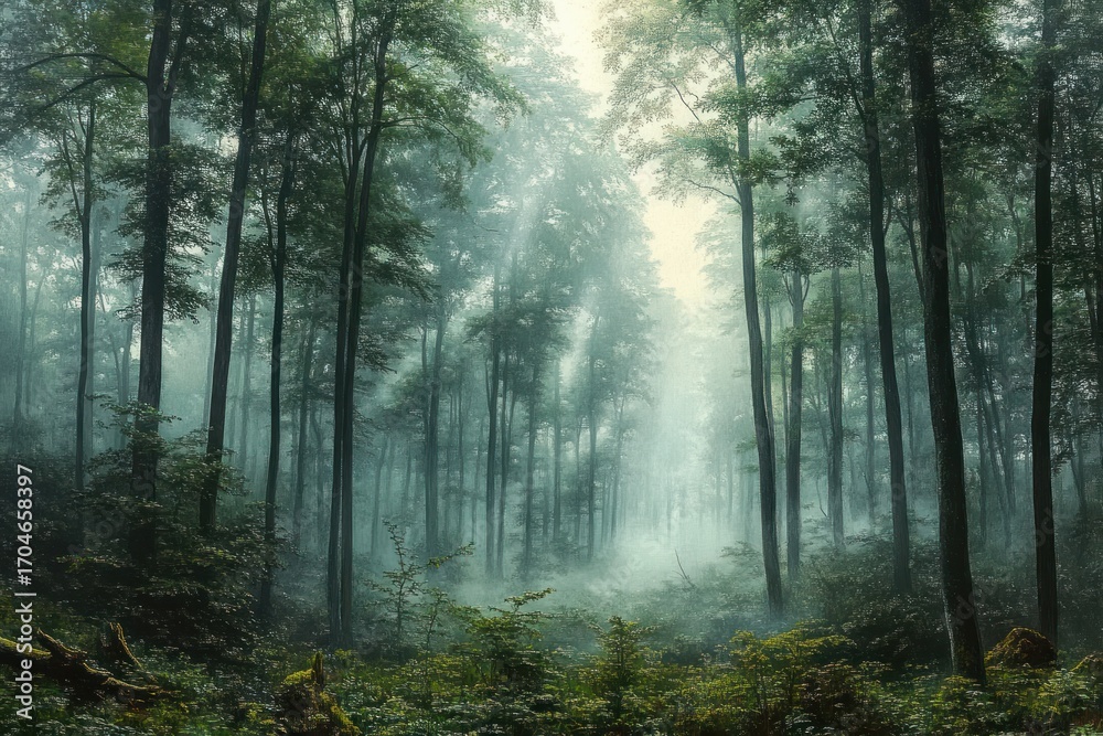 Obraz premium Misty forest with tall trees and dense green undergrowth illuminated by soft light rays creating a serene and mystical atmosphere