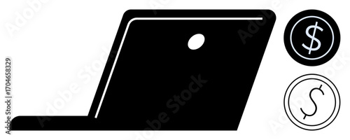 Laptop paired with dollar icons representing online payments, business growth, financial management, and digital economy. Ideal for e-commerce, fintech, budgeting, technology, consulting startups