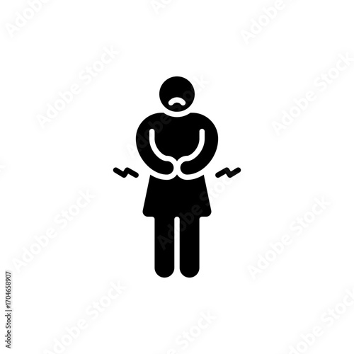 Hungry woman icon. Simple glyph style. Poor woman, hunger, stomach, pain, holding, person, abdominal, adult, constipation, sad people concept. Silhouette, solid symbol. Isolated design.