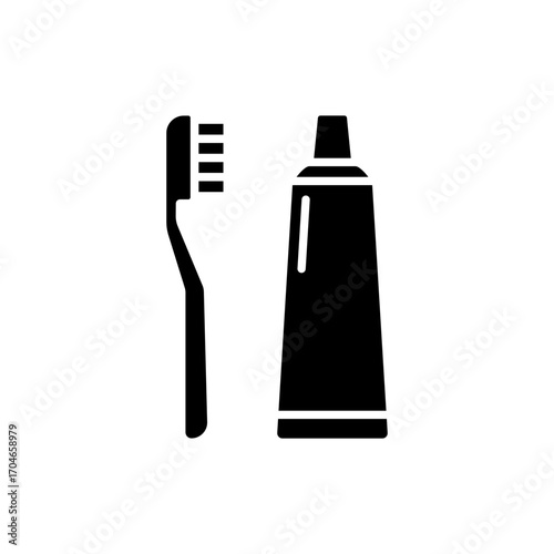 Toothbrush and toothpaste icon. Simple glyph style. Toiletries, brush, tooth, paste, hygiene, oral, health, bathroom, dentist care concept. Silhouette, solid symbol. Isolated design.