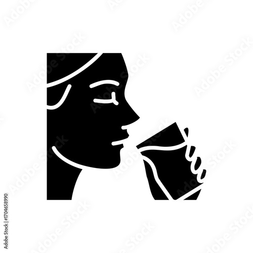 Woman drinking a glass of water icon. Simple glyph style. Drink, mouth, face, person, girl, people, hand, skin, thirst, perfect, thirsty concept. Silhouette, solid symbol. Isolated design.