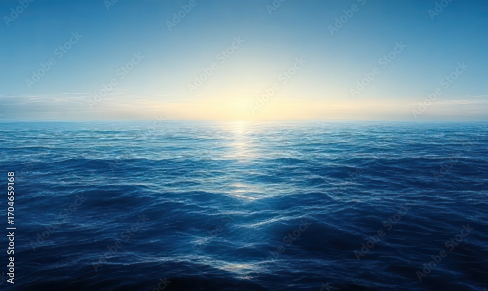 Fototapeta premium Calm ocean waves under a clear blue sky with warm sunlight reflecting on the water during sunrise or sunset