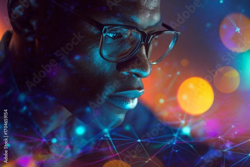 Wallpaper Mural Modern productivity: a quiet moment in home office. Digital network. Portrait of a young professional deep in work at his cozy home space. Digital web. Machine learning. Torontodigital.ca