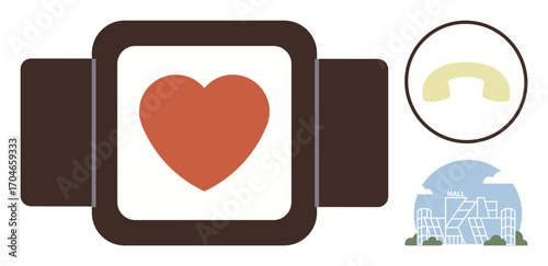 Smartwatch showing heart for health monitoring, phone call for connectivity, and a mall for community interaction. Ideal for fitness, communication, lifestyle, health tech, urban life, business