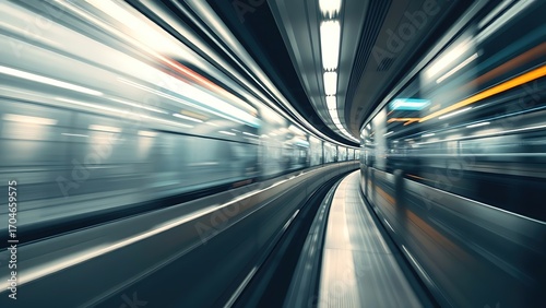 An abstract urban transit scene with dynamic motion blur and cool metallic tones.