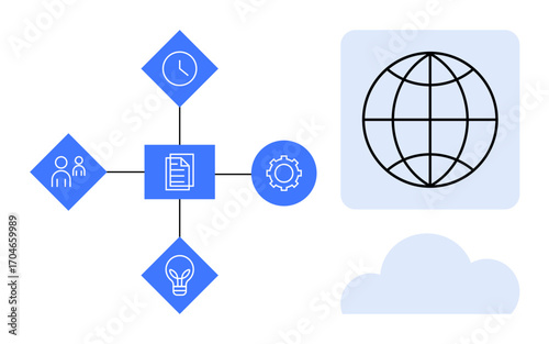 Geometric symbols linked to represent teamwork, efficiency, innovation, and process next to a globe and a cloud. Ideal for global network, collaboration, planning, innovation, digital transformation