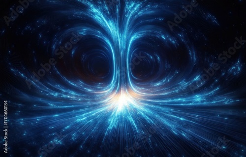 Bright blue swirling particle streams converge into a glowing central point creating an abstract dynamic cosmic energy flow