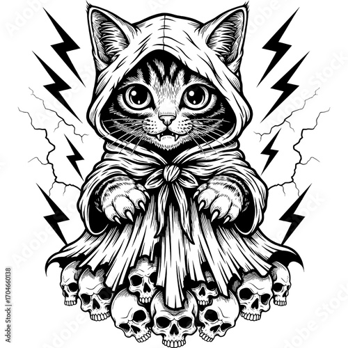 Spooky Cute Cat in a Hood with Skulls