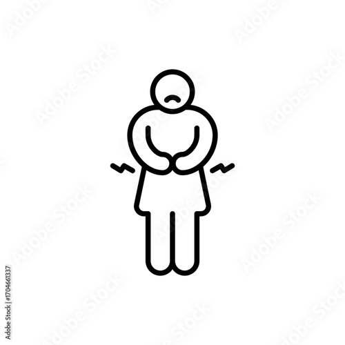 Hungry woman icon. Simple outline style. Poor woman, hunger, stomach, pain, holding, person, abdominal, adult, constipation, sad people concept. Thin line symbol. Isolated design.