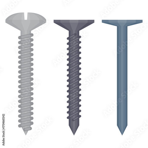 A Trio of Fasteners Screws and Nail in Varied Styles and Metallic Shades Set