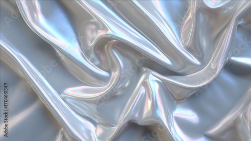 Shimmering Metallic Silver Fabric with Smooth Wrinkles and Reflective Surface