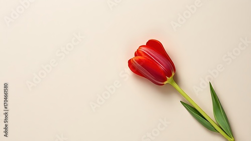 A lone red tulip rests on a textured beige surface, captured from a minimalist top-down perspective.