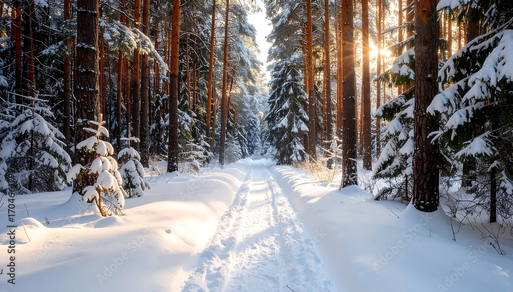 Fototapeta premium Snowy Forest Path Illuminated by Golden Sunlight.