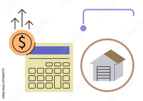 Calculator with rising dollar coin symbol and house icon connected by flowchart. Ideal for finance, budgeting, economic growth, real estate, investment, mortgage, savings. Simple flat metaphor