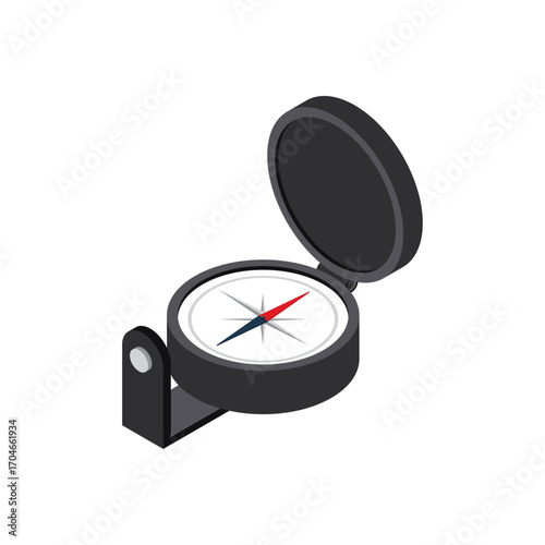 Black travel compass illustration in isometric view for exploration and guidance