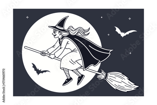 halloween witch flying on broom vector design icon art