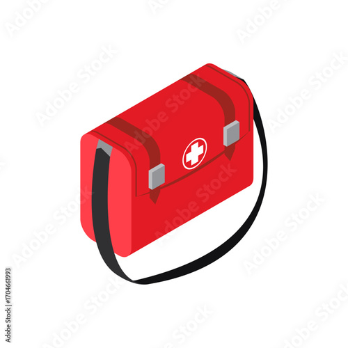 Isometric view of a bright red first aid kit with a white cross symbol on it