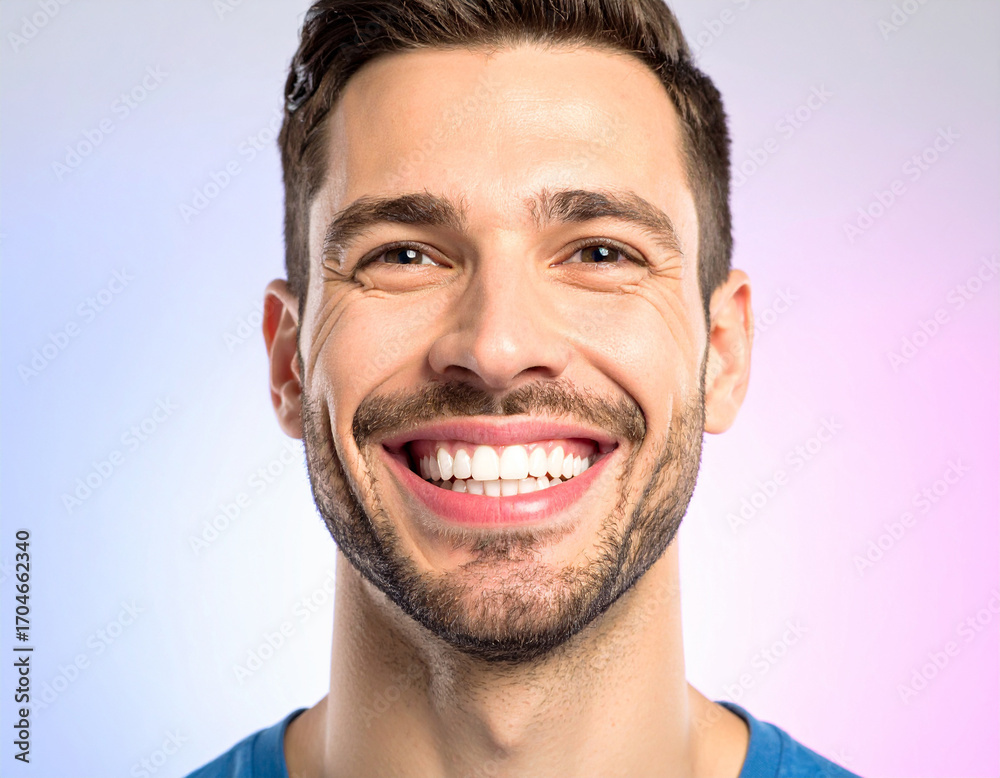 Obraz premium Close-up Portrait of a Smiling Man with White Teeth and Beard on Gradient Background