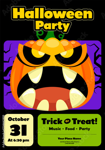 Halloween party poster template design background with scary pumpkin flat design style. Design element can be used for banner, brochure; print; invitation, leaflet, flyer, vector illustration